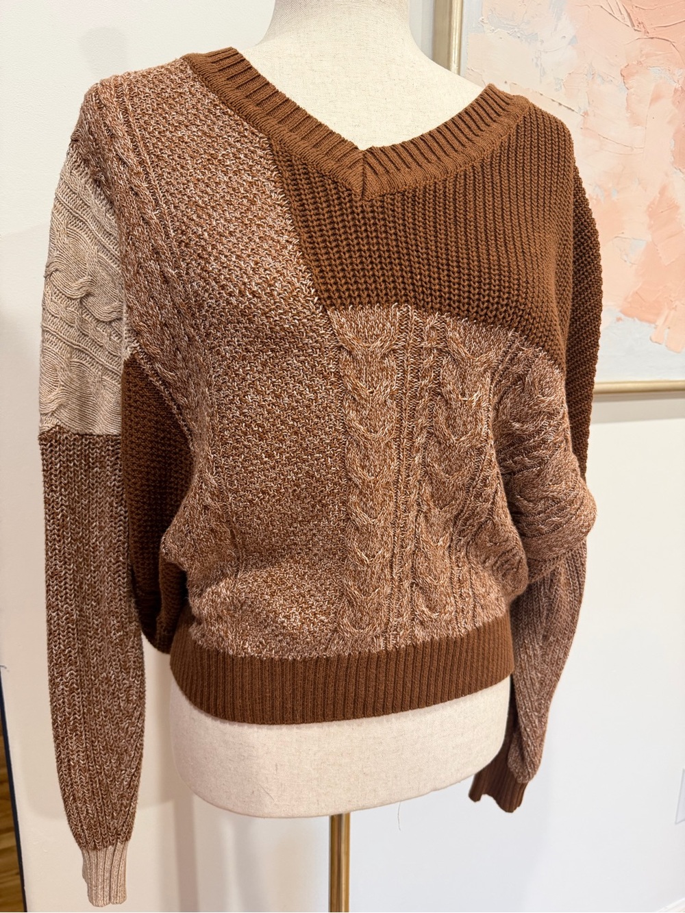 Daytrip Brown Patchwork Cable Knit V-Neck Sweater